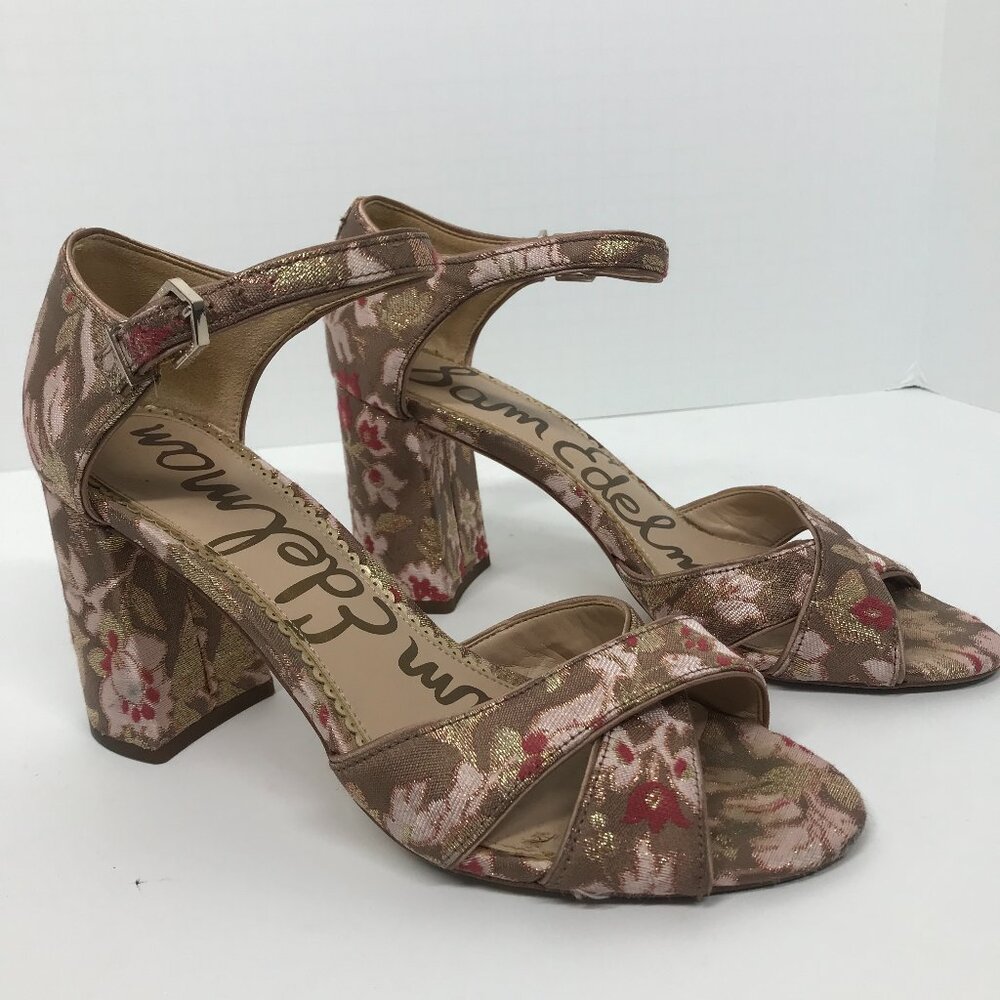 Sam Edelman Orlane Dusty Rose Floral and Metallic Jacquard Block Heel Sandal